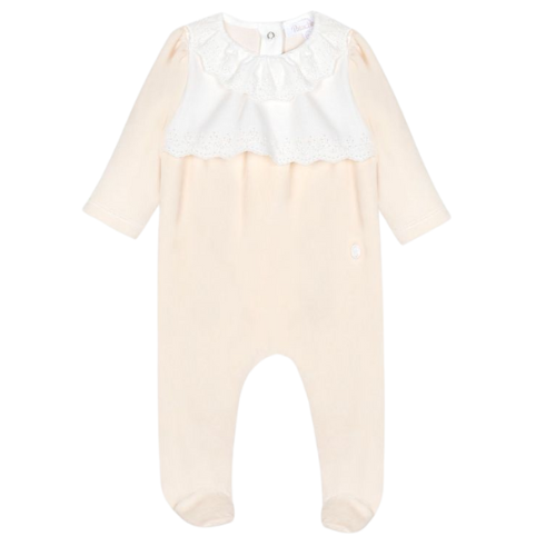 Patachou Baby Beige Velour Frill Collar Babygrow