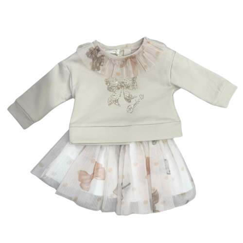 Bimbalo Girls Beige Bow Tulle Skirt Set