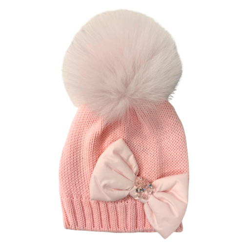 Bimbalo Girls Pink Bow Pom Pom Hat