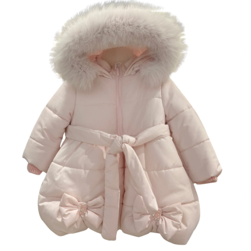 Bimbalo Girls Pink Bow Fur Hooded Coat