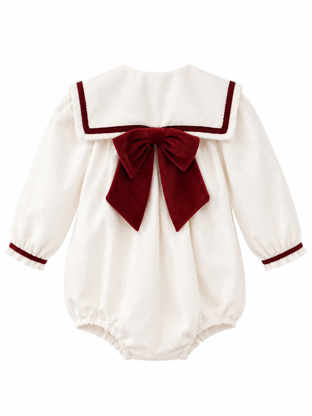Be Chic Baby Ivory/Burgundy Bow Velvet Romper