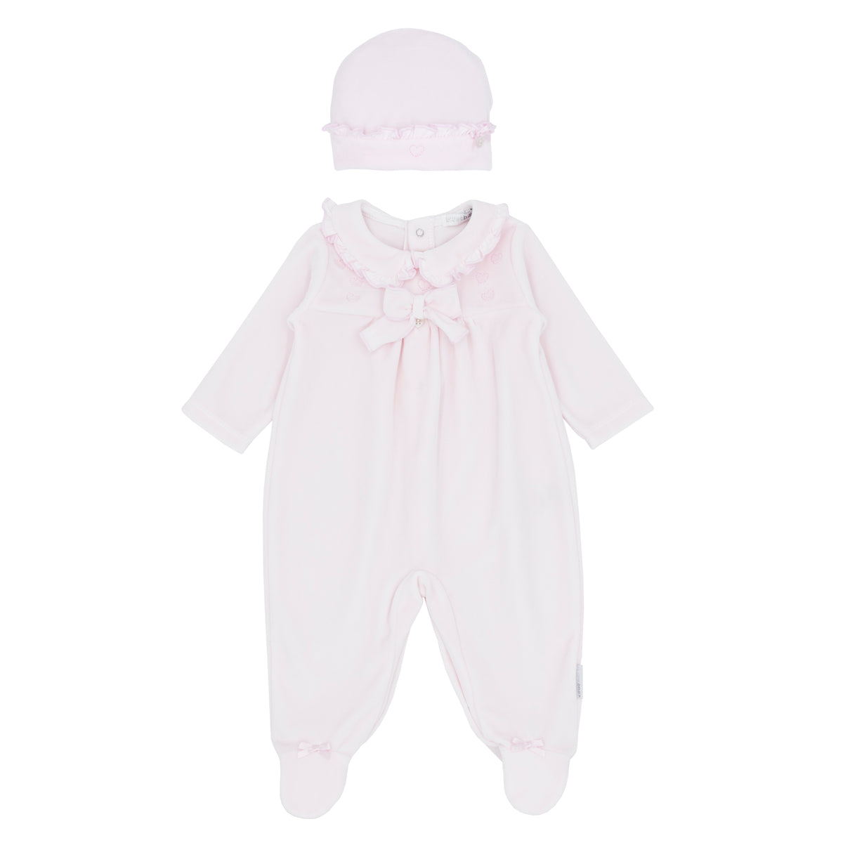 Blues Baby Pink Velour Bow Babygrow & Hat