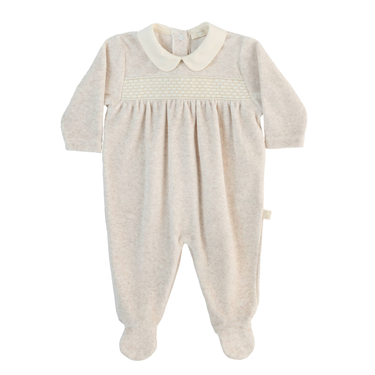 Baby Gi Beige Velour Smocked Babygrow