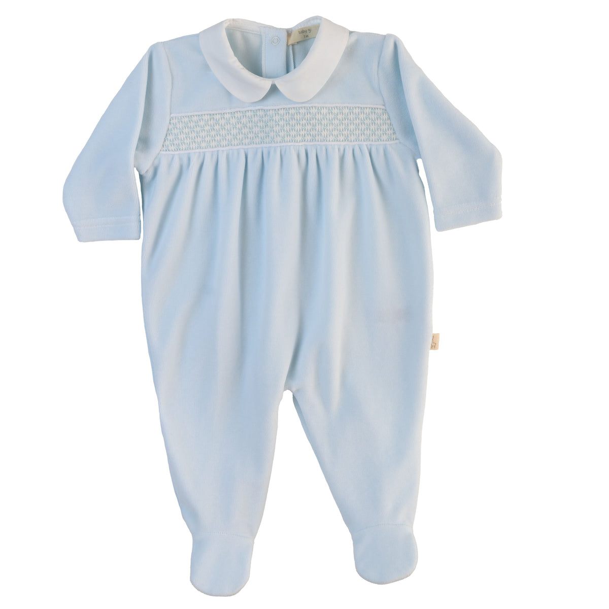 Baby Gi Blue Velour Smocked Babygrow
