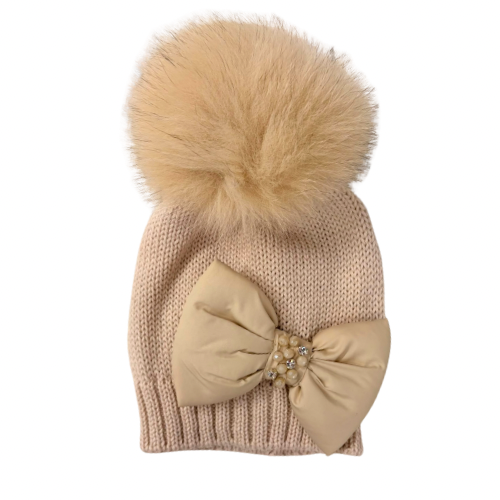 Bimbalo Girls Beige Bow Pom Pom Hat