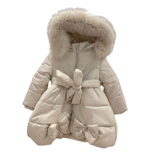 Bimbalo Girls Beige Bow Fur Hooded Coat