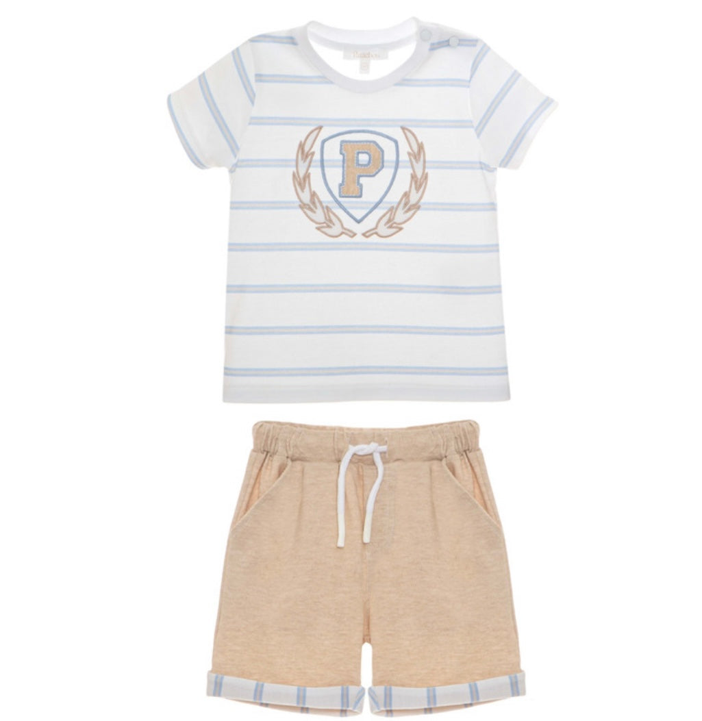 Patachou Baby Blue & Beige Stripe Shorts Set