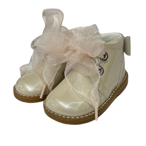 Andanines Beige Glitter Bow Patent Boots