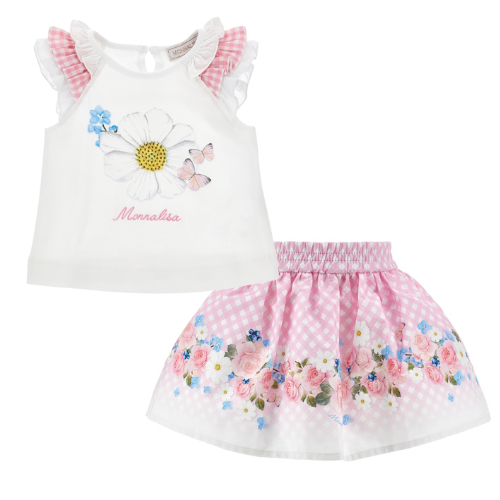 Monnalisa Baby Pink Floral Print Skirt Set