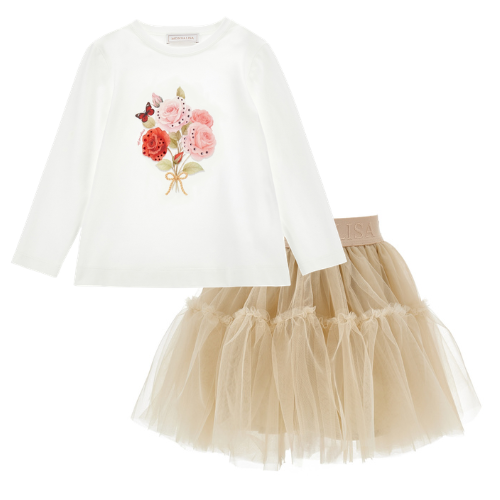 Monnalisa Girls Flower Beige Tulle Skirt Set
