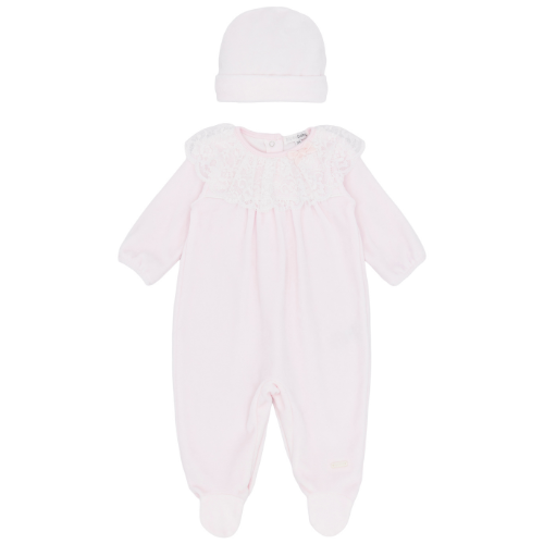 Blues Baby Pink Velour Lace Babygrow & Hat