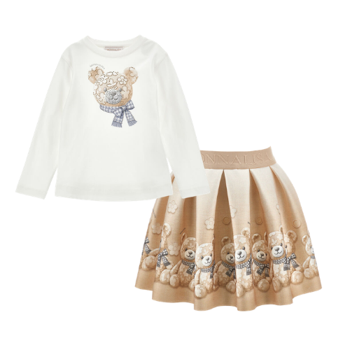 Monnalisa Girls Beige Bear Skirt Set