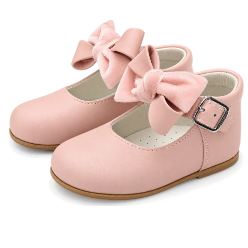 Andanines Pale Pink Leather Bow Dolly Shoes