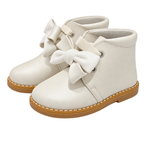 Andanines Cream Leather Bow Lace Boots