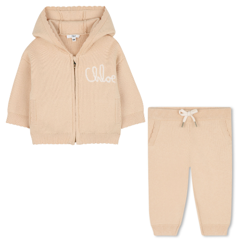 Chloé Baby Beige Knit Logo Jogsuit