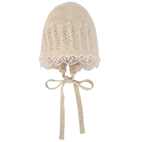 Paz Rodriguez Baby Beige/Pink Knitted Bonnet