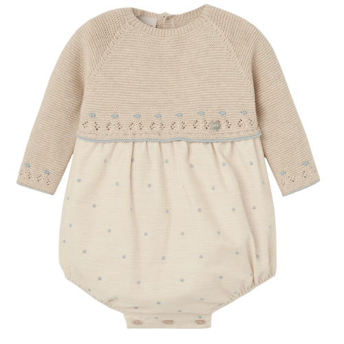 Paz Rodriguez Baby Beige/Blue Knit Romper