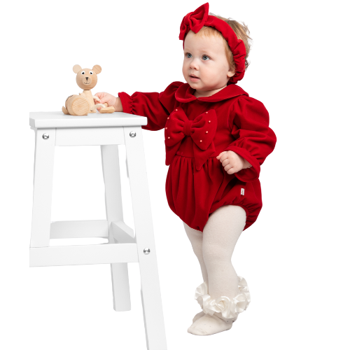 Caramelo Girls Red Velvet Bow Romper