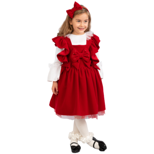 Caramelo Girls Red Velvet Bow Pinafore