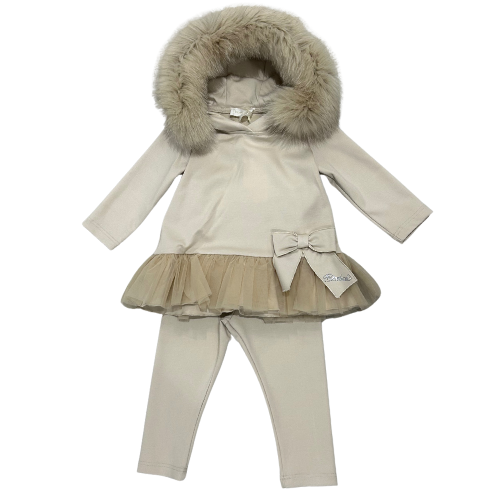 Bimbalo Girls Beige Fur Hooded Outfit