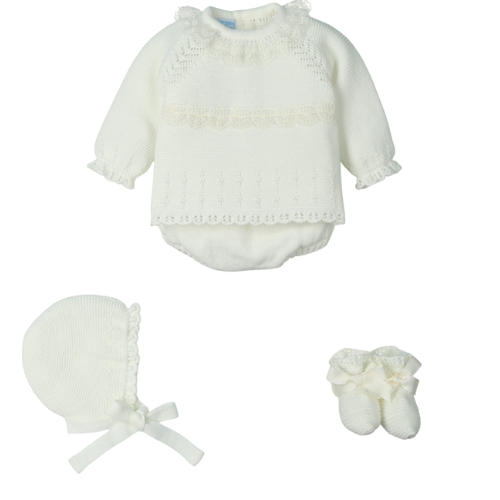 Mac Ilusion Baby Girls Ivory Lace Outfit, Bonnet & Booties