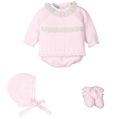 Mac Ilusion Baby Girls Pink Lace Outfit, Bonnet & Booties