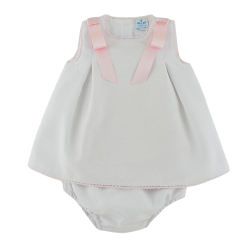 Sardon Baby Girls White Bow Dress & Bloomers
