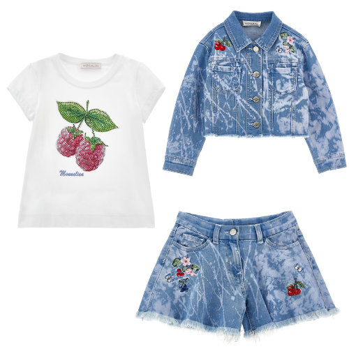 Monnalisa Girls Cherry Denim Shorts Set