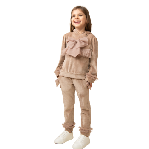 Caramelo Girls Beige Velour Bow Jogsuit