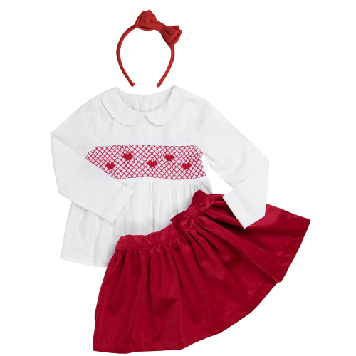 Caramelo Red Smocked Heart Skirt Set