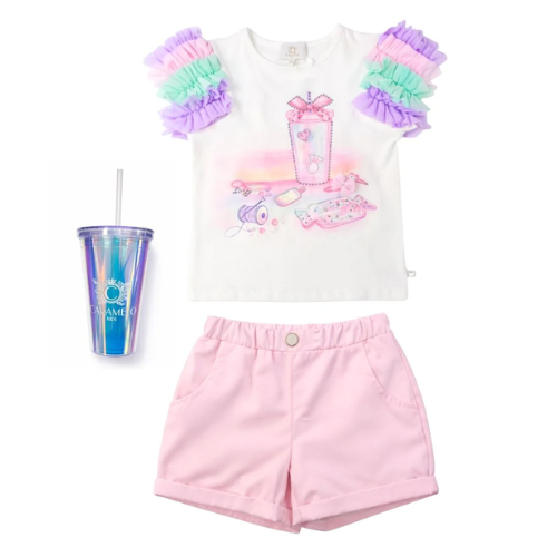 Caramelo Girls Pink Tulle Sleeve Shorts Set