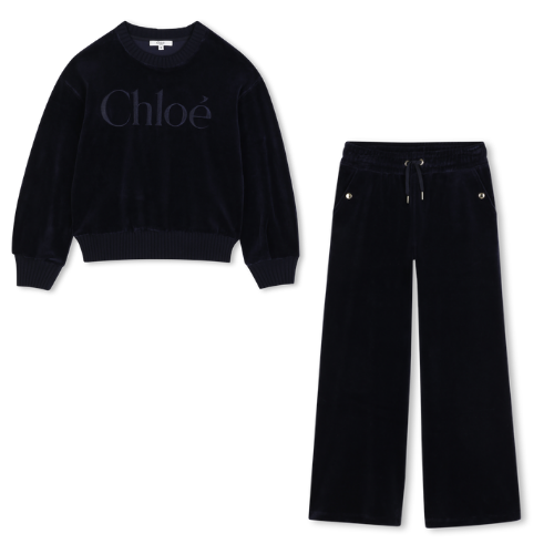 Chloé Girls Navy Velour Logo Jogsuit