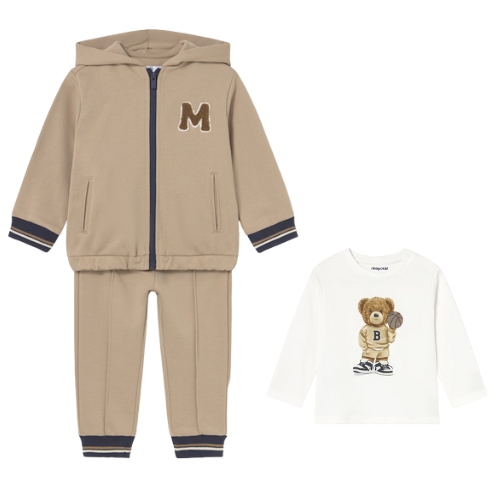 Mayoral Baby Boys Beige Bear Three Piece Jogsuit