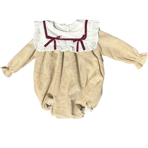 Puro Mimo Beige & Burgundy Bow Romper