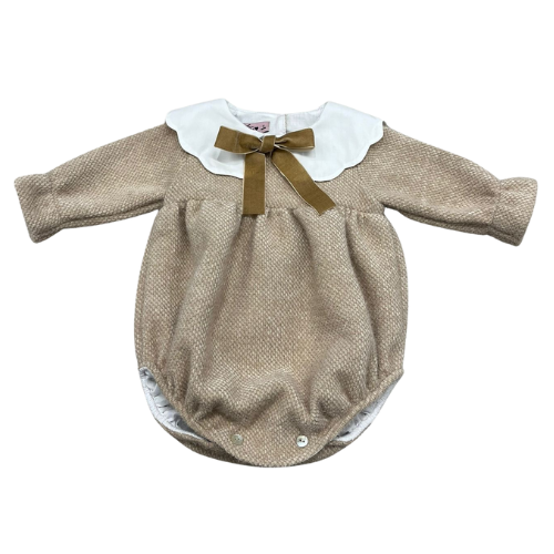 Phi Baby Beige Velvet Bow Romper