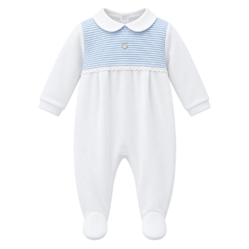 Pureté Du Bébé White/Blue Velour Babygrow