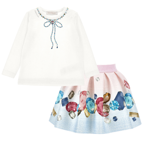 Monnalisa Girls Pink Jewel Skirt Set