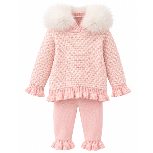 Bimbalo Baby Girls Knit Pink Fur Hood Outfit