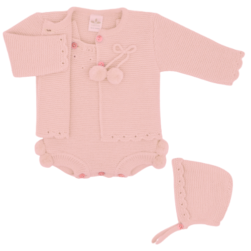 Sardon Baby Pink Knit Pom Pom Outfit & Bonnet