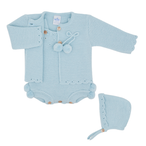 Sardon Baby Blue Knit Pom Pom Outfit & Bonnet