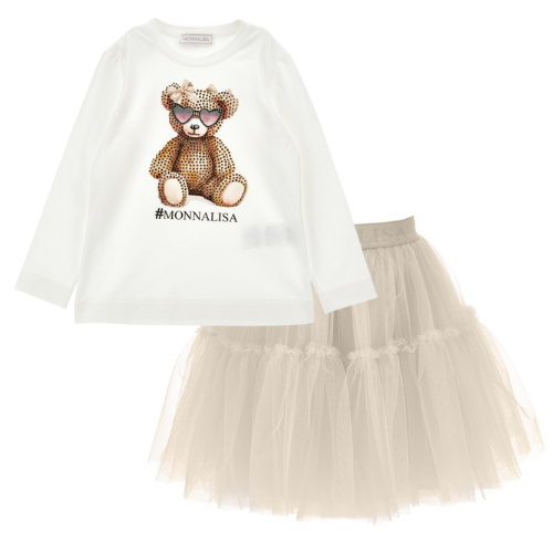 Monnalisa Girls Beige Teddy Tulle Skirt Set