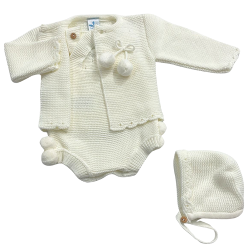 Sardon Baby Ivory Knit Pom Pom Outfit & Bonnet