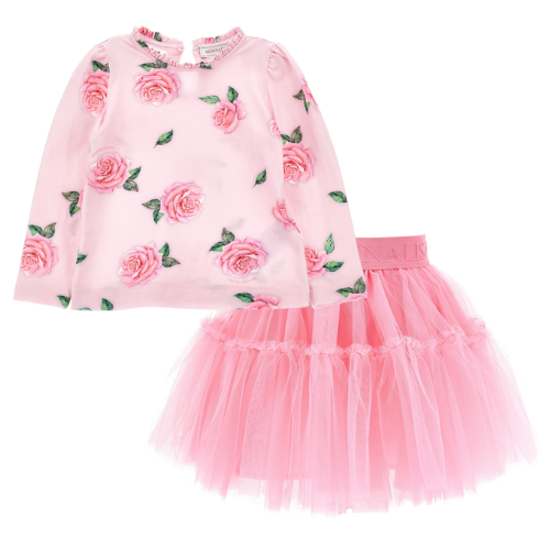 Monnalisa Girls Pink Rose Tulle Skirt Set