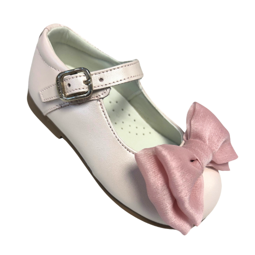 Andanines Pink Pearlised Bow Dolly Shoes