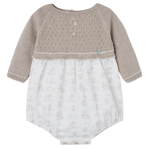 Paz Rodriguez Baby Beige Knit/Print Romper