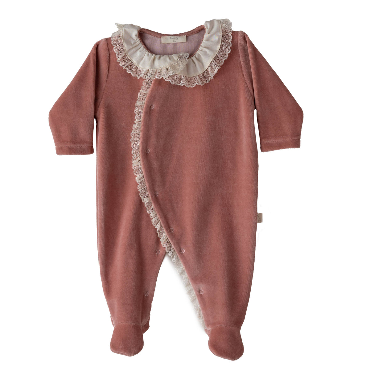 Baby Gi Old Rose Velour Lace Trim Babygrow