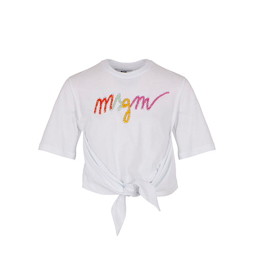 MSGM Girls White Tie Crop Logo T-Shirt