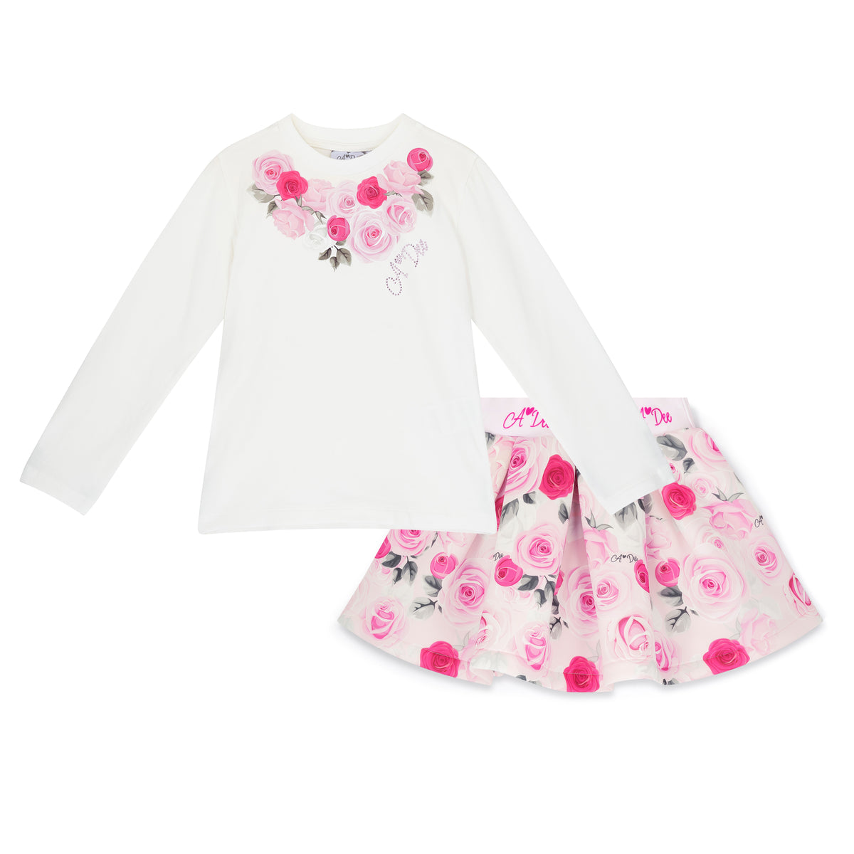 A Dee Girls White Rose Print 'Ariella' Skirt Suit