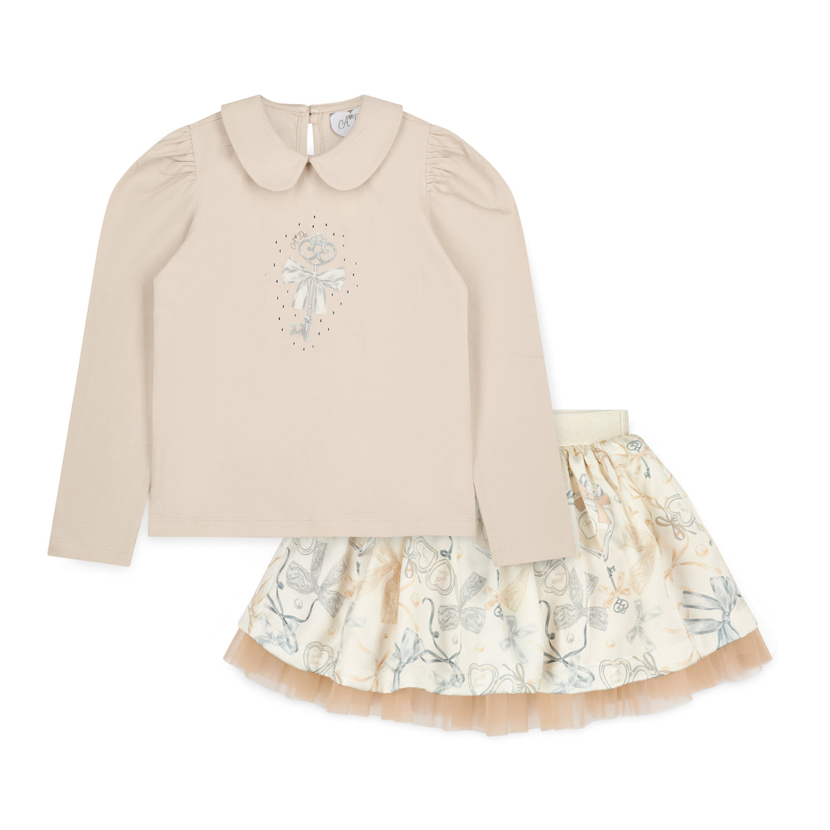 A Dee Girls Beige Bow Print 'Brie' Skirt Suit