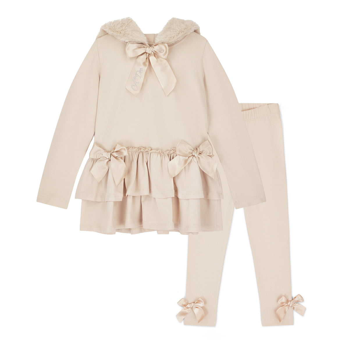 A Dee Girls Beige Fur Hood 'Alina' Leggings Set